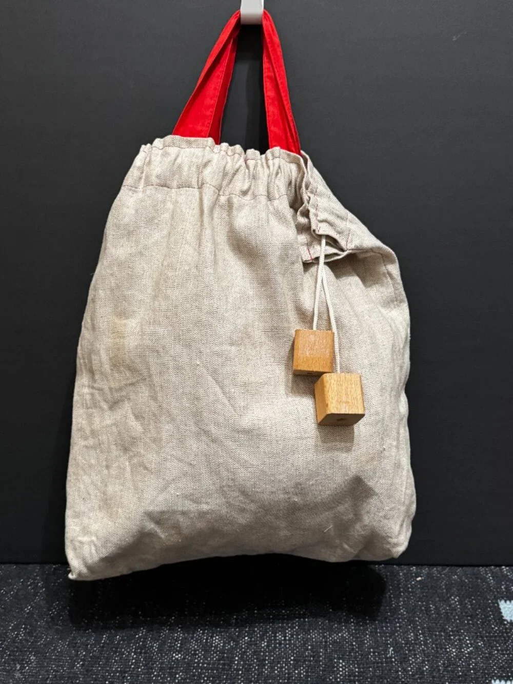 Double Handle Pouch Bag with Wood Block Aglet Drawcord, Natural Canvas
